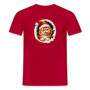Christmas cat peeking out of a hole - Men's T-Shirt - red - Front - AI Model Male 178 dark (178cm)