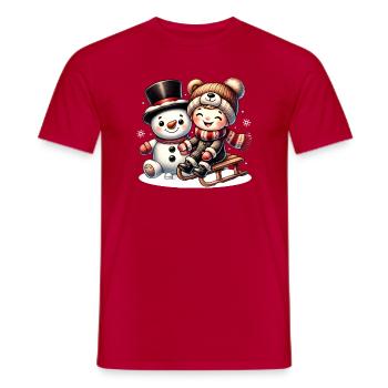 Schneemann und lachendes Kind – pure Winterfreude - Männer T-Shirt - Rot - Vorne - AI Model Male 178 dark (178cm)