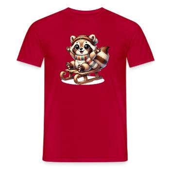 Cheerful raccoon on sleigh – winter fun motif - Men's T-Shirt - red - Front - AI Model Male 178 dark (178cm)