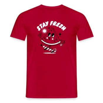 Playful Face with 'Stay Fresh' Message - Men's T-Shirt - red - Front - AI Model Male 178 dark (178cm)