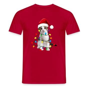 Festive Cat with Christmas Lights and Santa Hat, - Men's T-Shirt - red - Front - AI Model Male 178 dark (178cm)