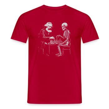 Karl Marx plays chess with skeleton - Men's T-Shirt - red - Front - AI Model Male 178 dark (178cm)