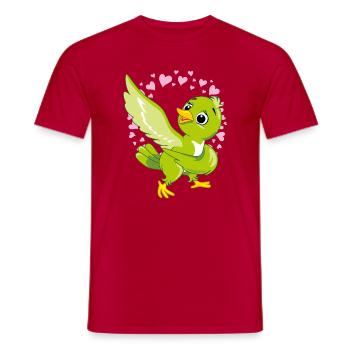 Cute happy green bird in a halo of hearts - Men's T-Shirt - red - Front - AI Model Male 178 dark (178cm)
