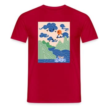 Korean Art Design with Cranes & Origami Boat - Men's T-Shirt - red - Front - AI Model Male 178 dark (178cm)