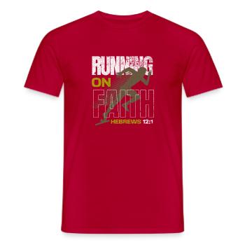 🏃‍♂️Green “Running on Faith – Hebrews 12:1” - Men's T-Shirt - red - Front - AI Model Male 178 dark (178cm)