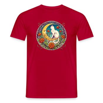 Moonlit Cat in Floral Arc - Men's T-Shirt - red - Front - AI Model Male 178 dark (178cm)