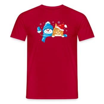 Peeking waving snowman and cute ginger cat - Men's T-Shirt - red - Front - AI Model Male 178 dark (178cm)
