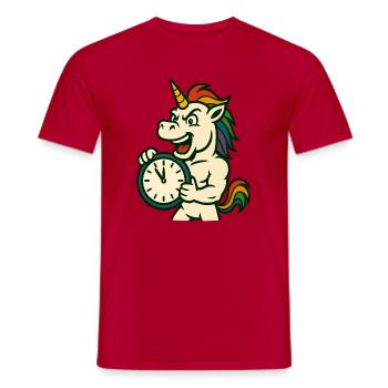 Licorne tenant l’horloge Mascotte audacieuse du Nouvel An - T-shirt homme - rouge - Devant - AI Model Male 178 dark (178cm)