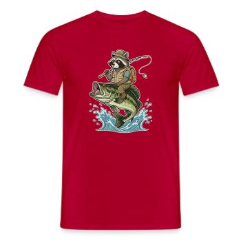 Funny raccoon rides on a bass fish - Men's T-Shirt - red - Front - AI Model Male 178 dark (178cm)