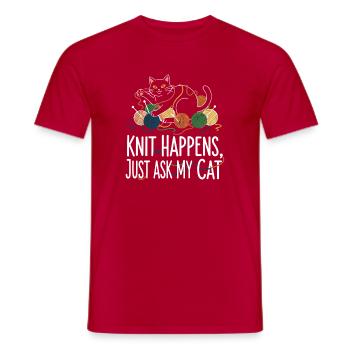 Knit Happens – Frag Meine Katze - Männer T-Shirt - Rot - Vorne - AI Model Male 178 dark (178cm)