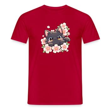 Chat noir mignon et cerisiers en fleurs – Kawaii Sakura - T-shirt homme - rouge - Devant - AI Model Male 178 dark (178cm)