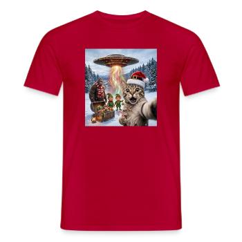 Chat de Noël dans un selfie d’OVNI - T-shirt homme - rouge - Devant - AI Model Male 178 dark (178cm)