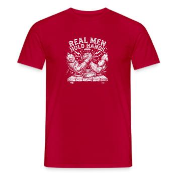 Arm Wrestling – Real Men Holding Hands - Men's T-Shirt - red - Front - AI Model Male 178 dark (178cm)