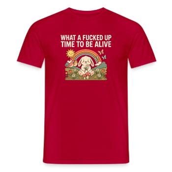 What A Fucked Up Time To Be Alive Funny Bunny Tee - Men's T-Shirt - red - Front - AI Model Male 178 dark (178cm)