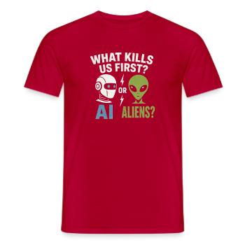 KI oder Aliens – Was erwischt uns zuerst? - Männer T-Shirt - Rot - Vorne - AI Model Male 178 dark (178cm)