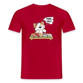 Purrfect Katze mit Sushi und Maus – Katzenhumor - Männer T-Shirt - Rot - Vorne - AI Model Male 178 dark (178cm)