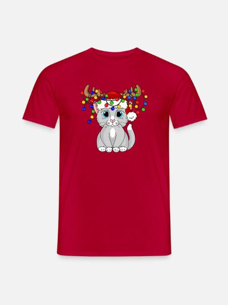 Weihnachtskatze mit Lichterkette - Männer T-Shirt - Rot