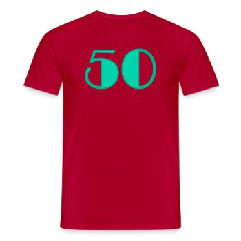 50 YEARS. 50th ANNIVERSARY. BIRTHDAY 50 YEARS. 50 - Men's T-Shirt - red - Front - AI Model Male 178 dark (178cm)