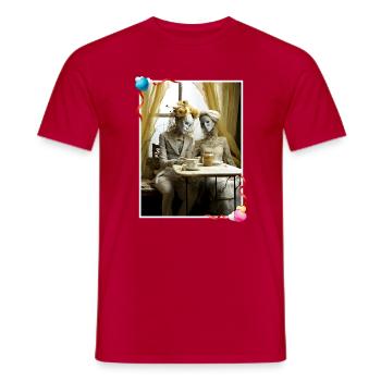 Poupées éthérées amoureuses mariée et marié dans un café - T-shirt homme - rouge - Devant - AI Model Male 178 dark (178cm)