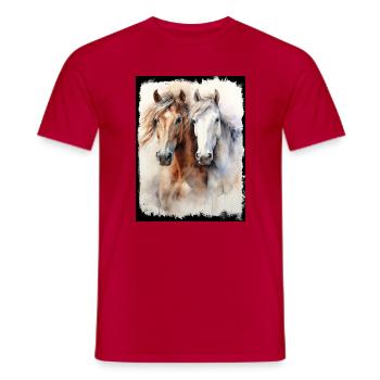 Zwei edle Pferde Portrait Aquarell Malerei Kunst  - Männer T-Shirt - Rot - Vorne - AI Model Male 178 dark (178cm)