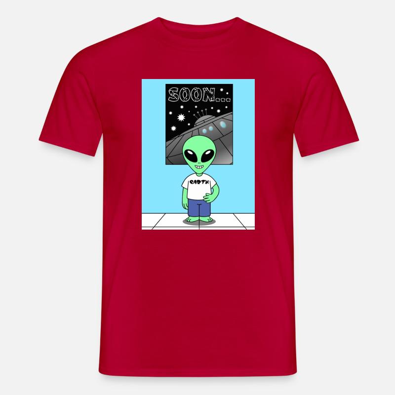 Alien devant le vaisseau spatial Terre - T-shirt homme - rouge