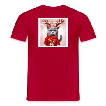 Sweet British Cat in a Christmas sweater. - Men's T-Shirt - red - Front - AI Model Male 178 dark (178cm)