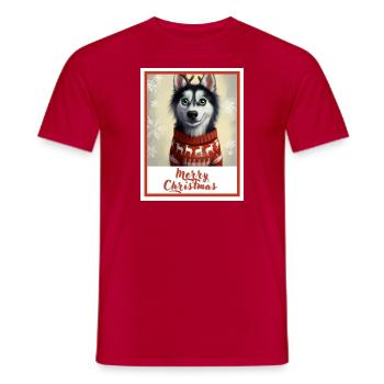 Young husky in a Christmas sweater with reindeer. - Men's T-Shirt - red - Front - AI Model Male 178 dark (178cm)