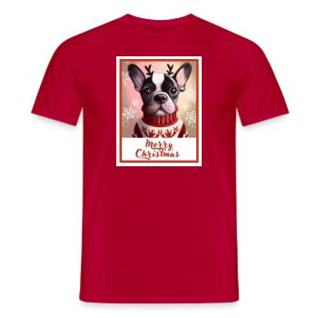 Festive portrait of a French bulldog in a sweater. - Men's T-Shirt - red - Front - AI Model Male 178 dark (178cm)