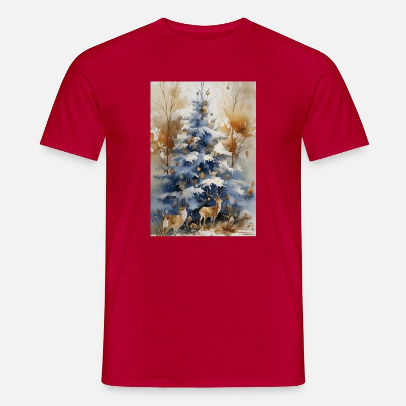 Blauer Weihnachtsbaum und Hirsch - Männer T-Shirt - Rot