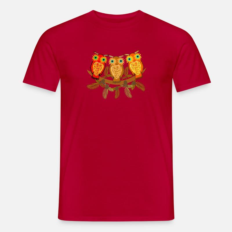 Three colorful owls with pine tree branches - Men’s T-shirt - red