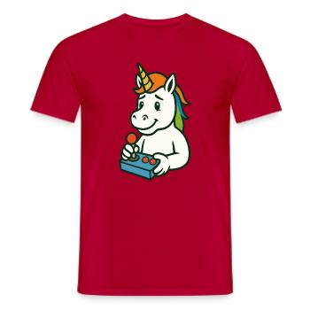 Cute Unicorn Gamer Mascot with Joystick - Men's T-Shirt - red - Front - AI Model Male 178 dark (178cm)