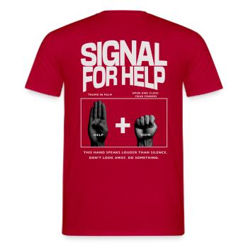 Signal for Help Hand Gesture Design - Men's T-Shirt - red - Back - AI Model Male 178 dark (178cm)