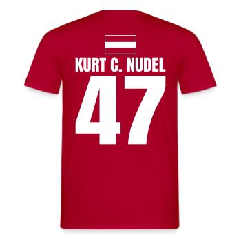 Mallorca Sauf Trikot Österreich, Kurt C. Nudel - Männer T-Shirt - Rot - Hinten - AI Model Male 178 dark (178cm)