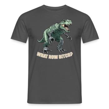 T-Rex with prostheses. What now...? Funny Rex - Men's T-Shirt - charcoal grey - Front - AI Model Male 178 light (178cm)