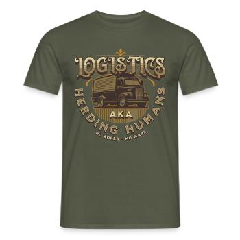 Logistics = Herding Humans – Funny Work Shirt - Men's T-Shirt - military green - Front - AI Model Male 178 light (178cm)