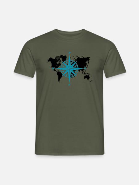 Windrose oder Kompassrose mit schwarzer Weltkarte - Männer T-Shirt - Militärgrün