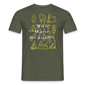 Was Mann braucht - Camping Natur und Wildnis Shirt - Männer T-Shirt - Militärgrün - Vorne - AI Model Male 178 light (178cm)