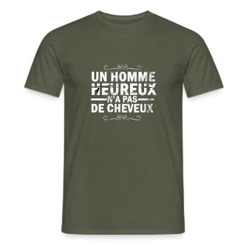 un homme heureux n'a pas de cheveux - T-shirt homme - vert militaire - Devant - AI Model Male 178 light (178cm)