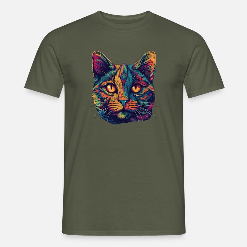 Psychedelisches Katzengesicht mit bunten Mustern - Männer T-Shirt - Militärgrün