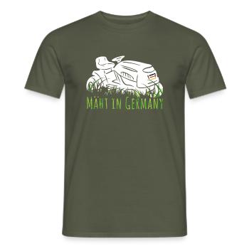 Mows in Germany - Lawn mower black red gold - Men's T-Shirt - military green - Front - AI Model Male 178 light (178cm)