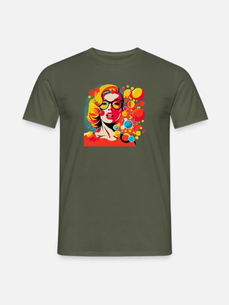 Retro Pop Art Frau mit Brille und bunten Punkten - Männer T-Shirt - Militärgrün