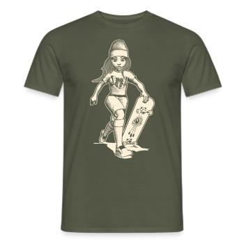 Fille qui court avec skateboard et œil qui voit tout. - T-shirt homme - vert militaire - Devant - AI Model Male 178 light (178cm)