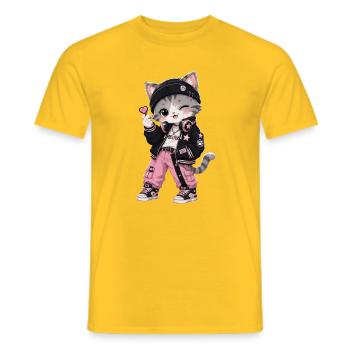 Pink-schwarze Streetwear-Katze - Männer T-Shirt - Gelb - Vorne - AI Model Male 178 dark (178cm)
