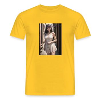 Woman in a alley, town,Generated AI - Männer T-Shirt - Gelb - Vorne - AI Model Male 178 dark (178cm)
