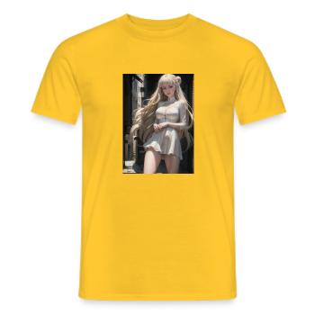 Woman in a alley, town,Generated AI - Men's T-Shirt - yellow - Front - AI Model Male 178 dark (178cm)