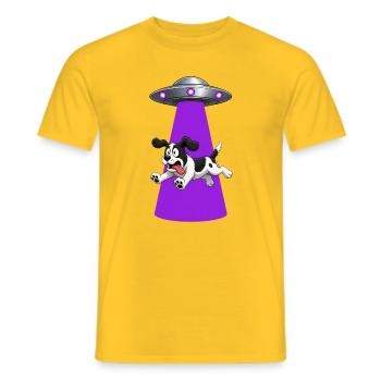 Dog Abducted By Purple UFO Beam - Men's T-Shirt - yellow - Front - AI Model Male 178 dark (178cm)