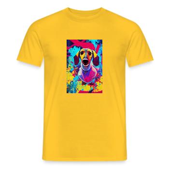 Modernes Pop-Art Print | Dackel mit Graffiti Bunt - Männer T-Shirt - Gelb - Vorne - AI Model Male 178 dark (178cm)