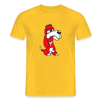 Dog Sitting Drooling Spit Tongue Funny Silly Comic - Men's T-Shirt - yellow - Front - AI Model Male 178 dark (178cm)