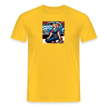 Pinup im Retrowagen Blau - Männer T-Shirt - Gelb - Vorne - AI Model Male 178 dark (178cm)