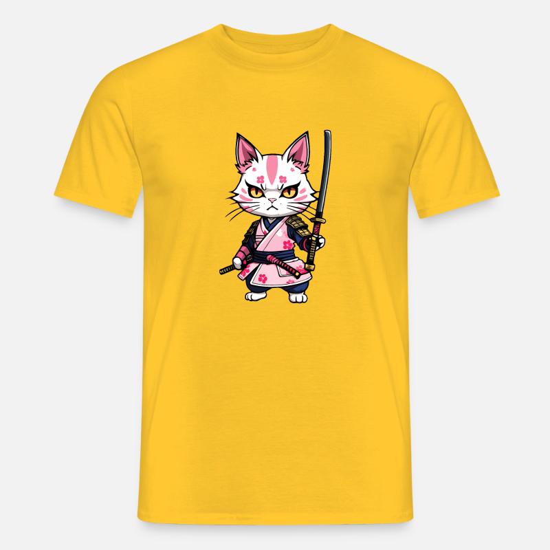 Samurai Katze & Kirschblüten #8 - Männer T-Shirt - Gelb